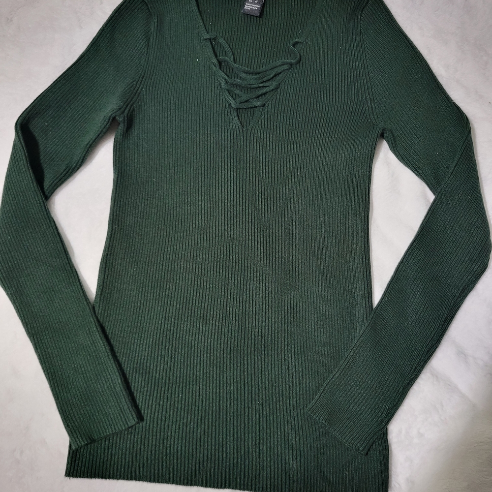 Women's Green Ribbed Long Sleeve